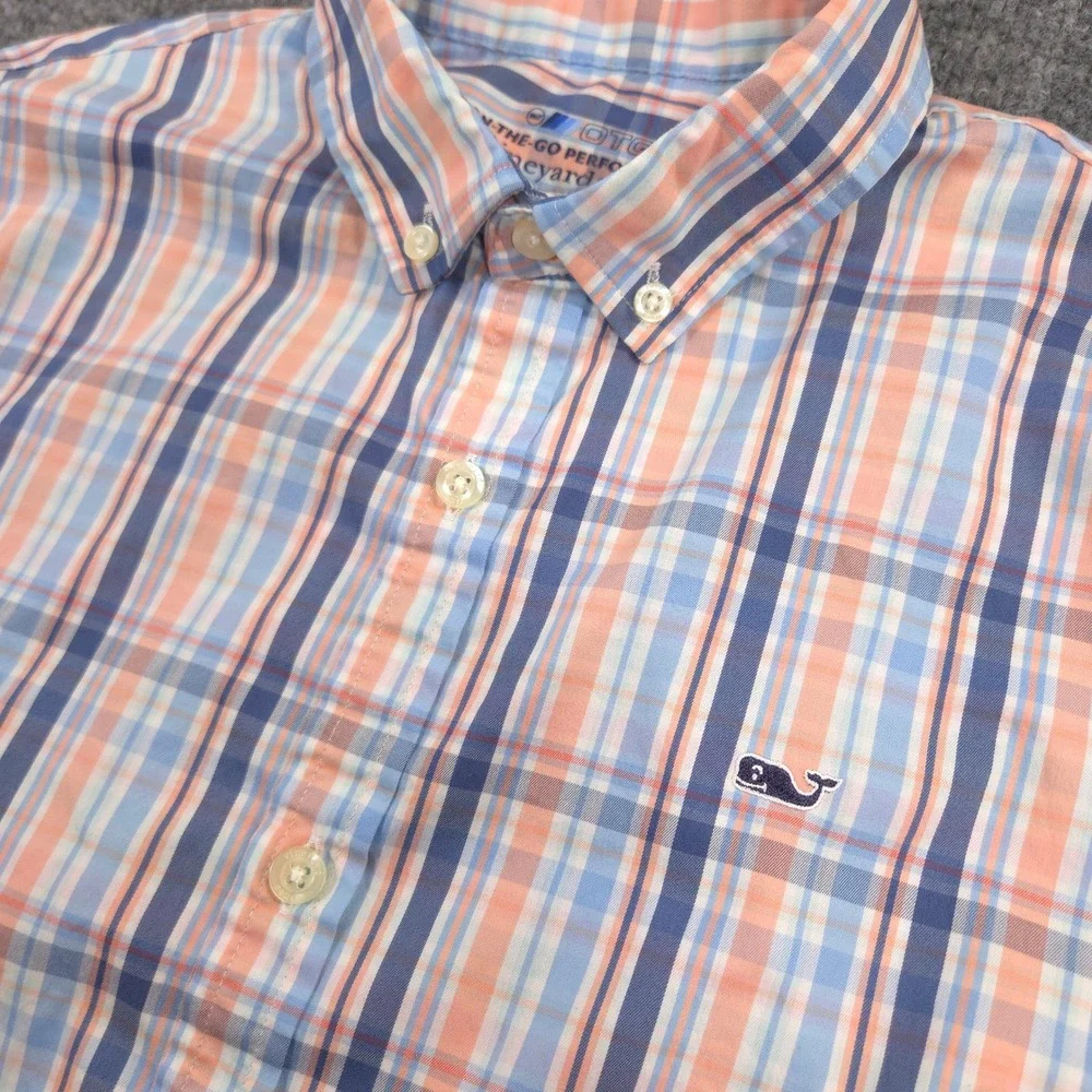 Vineyard Vines On The Go Performance Shirt Boys Large 16 Blue Salmon Plaid OTG